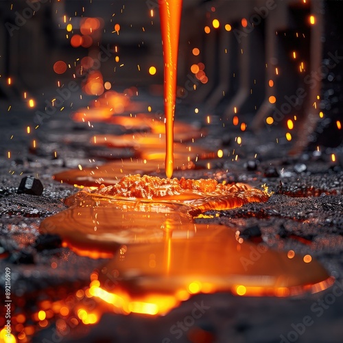 Molten metal pouring in a factory, showcasing intense heat and industrial manufacturing processes.