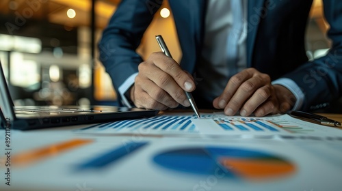 Close-up of businessman analyzing data on a graph chart.
