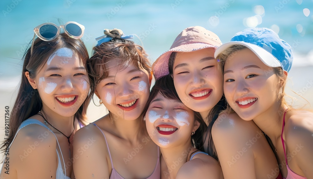 lifestyle beach portrait of Asian Korean and Chinese women, group of happy beautiful young girlfriends taking selfie picture together lifestyle beach portrait of Asian Korean and Chinese women, group of happy beautiful young girlfriends taking selfie picture together