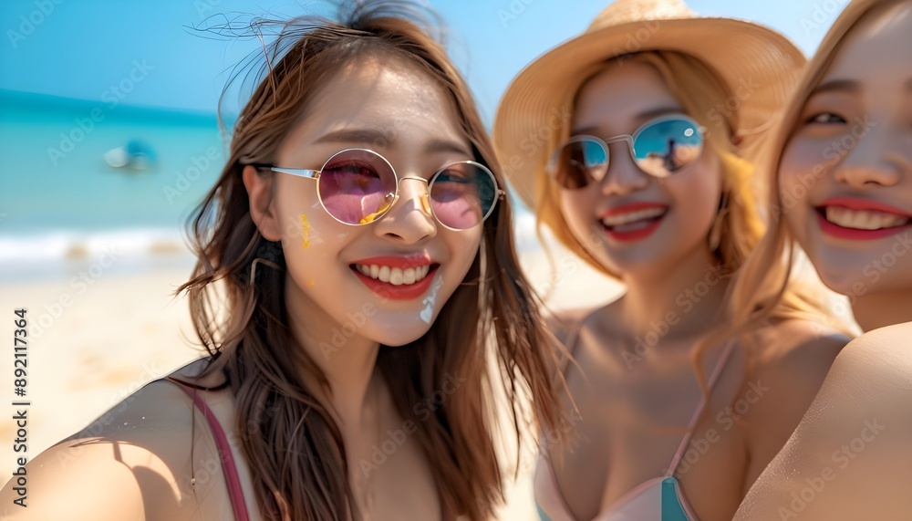 lifestyle beach portrait of Asian Korean and Chinese women, group of happy beautiful young girlfriends taking selfie picture together lifestyle beach portrait of Asian Korean and Chinese women, group of happy beautiful young girlfriends taking selfie picture together