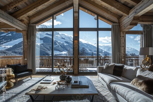 Spacious living room in a modern chalet with large windows offering stunning mountain views, featuring comfortable seating and elegant decor, creating a cozy yet luxurious atmosphere