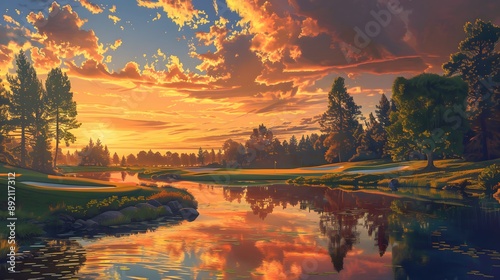 Beautiful painting of a golf course at sunset. Perfect for sports and nature themed designs.  photo