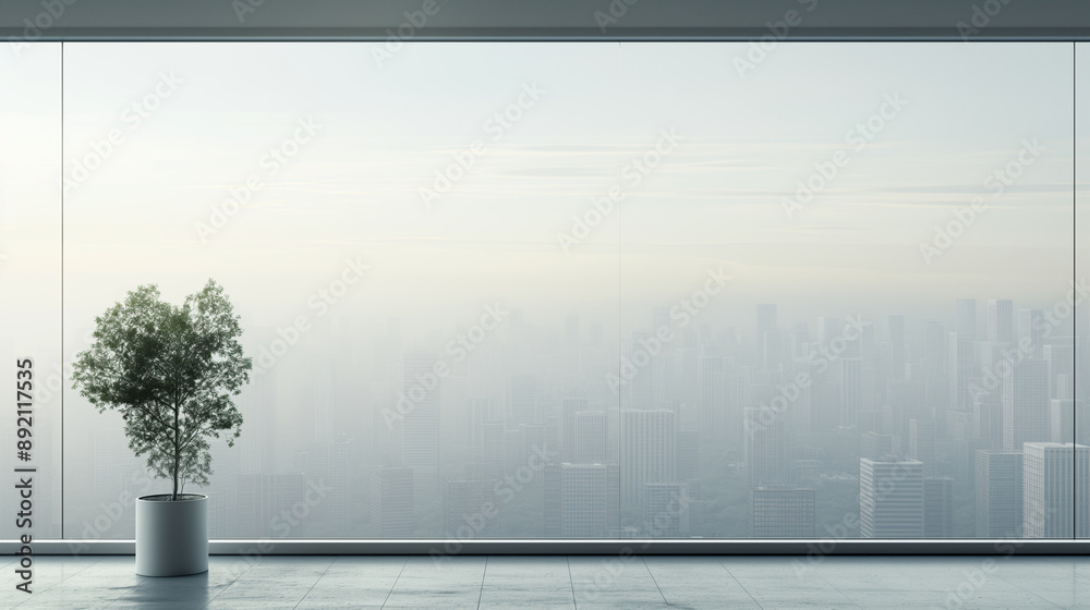 Obraz premium A potted plant sits in front of a window overlooking a city