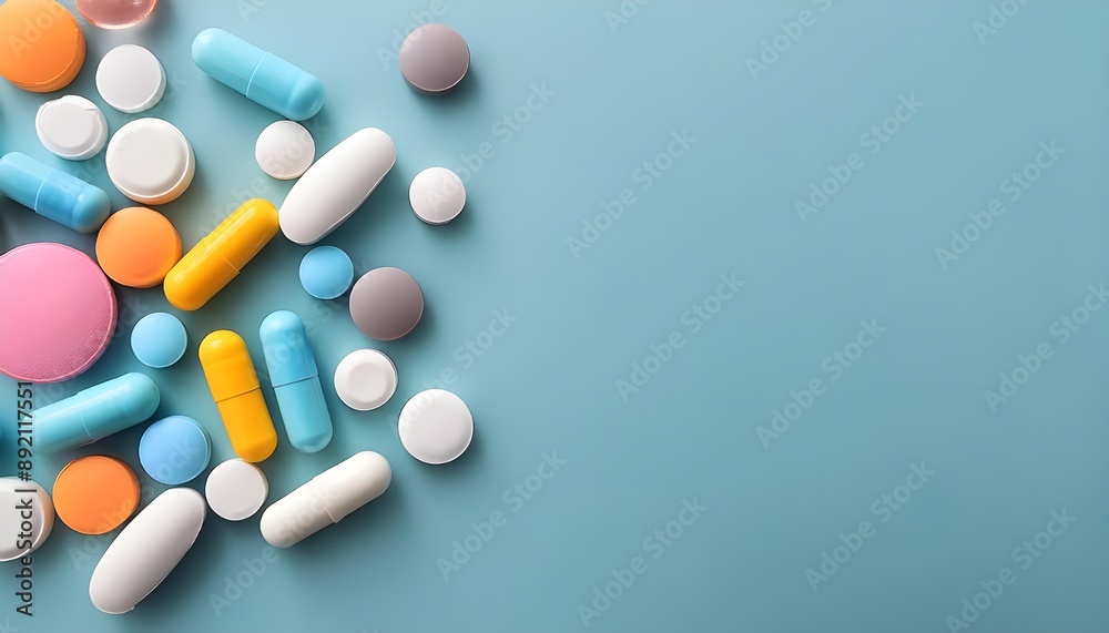 Top down view of pharmaceutical pills. Colourful prescription tablets on a plain background Top down view of pharmaceutical pills. Colourful prescription tablets on a plain background