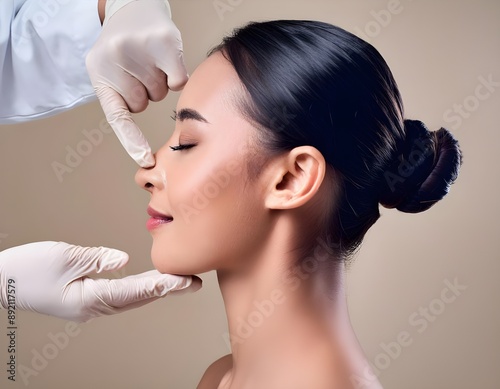 Surgeon touching woman nose, consulting before rhinoplasty operation on beige background