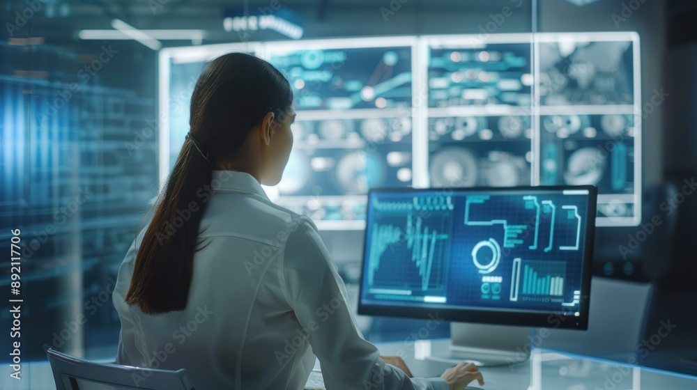 Futuristic Woman Working in Office with Advanced GUI. generative AI Futuristic Woman Working in Office with Advanced GUI. generative AI