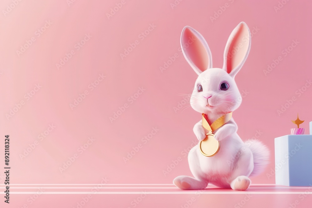 A cartoon rabbit is standing on a blue block with a gold medal around its neck A cartoon rabbit is standing on a blue block with a gold medal around its neck
