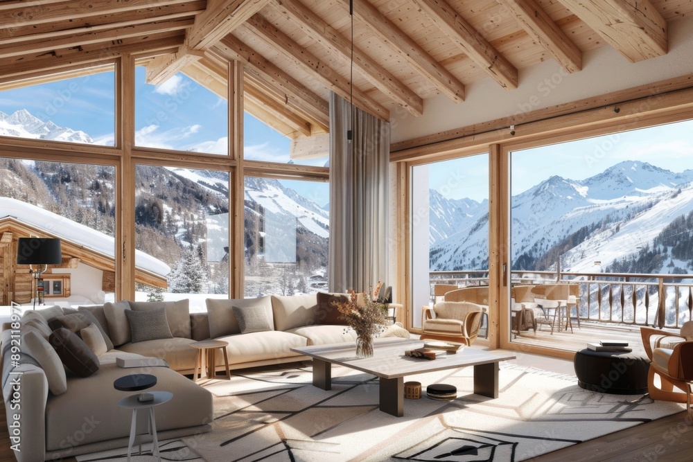 Fototapeta premium Spacious living room in a modern chalet with large windows offering stunning mountain views, featuring comfortable seating and elegant decor, creating a cozy yet luxurious atmosphere