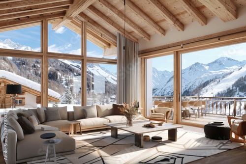 Spacious living room in a modern chalet with large windows offering stunning mountain views, featuring comfortable seating and elegant decor, creating a cozy yet luxurious atmosphere