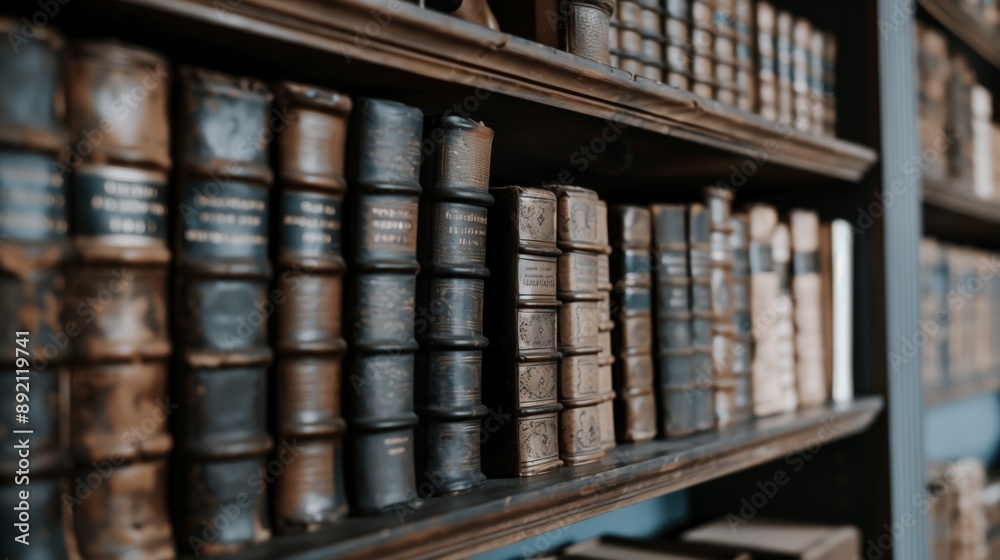 Close-up of a collection of old, leather-bound books on a wooden bookshelf in a library. The worn and aged covers suggest historical and antique value Close-up of a collection of old, leather-bound books on a wooden bookshelf in a library. The worn and aged covers suggest historical and antique value