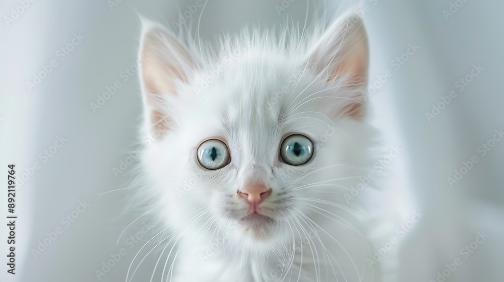 An amusing portrait of a white kitten surprised in a strange position and looking at the camera An amusing portrait of a white kitten surprised in a strange position and looking at the camera