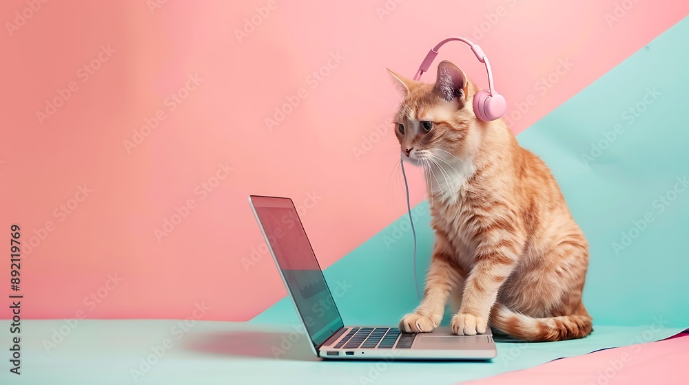 Fototapeta premium An ashen cat in earphones sits and works with a laptop isolated on colorful background