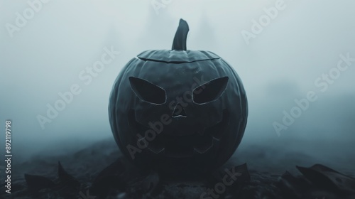 Dark jack-o'-lantern halloween pumpkin with an eerie expression set in a foggy, mysterious landscape, creating a spooky Halloween atmosphere photo