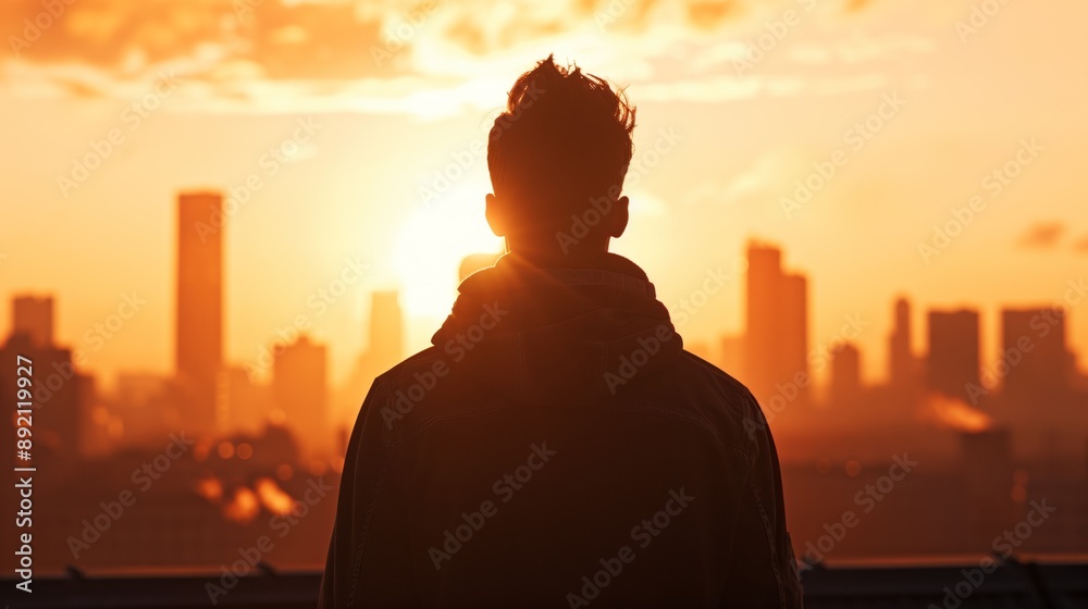 Silhouette of a man standing on a rooftop, gazing at the sunset over a city skyline. The golden hues of the sky create a warm and contemplative atmosphere Silhouette of a man standing on a rooftop, gazing at the sunset over a city skyline. The golden hues of the sky create a warm and contemplative atmosphere