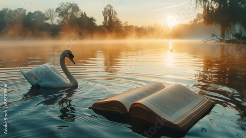 Fototapeta Naklejka Na Ścianę i Meble -  Majestic swan gliding on a calm lake near an open book with mist rising in the early morning light. Serene and tranquil nature scene