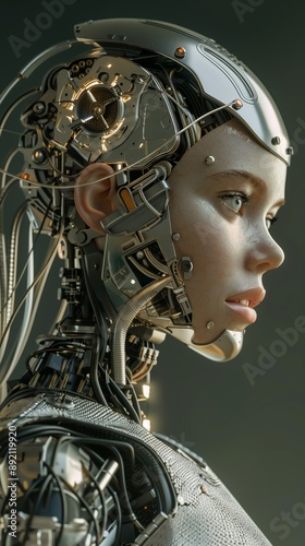 Side profile of a high-tech cyborg woman with detailed exposed mechanical components and human-like skin