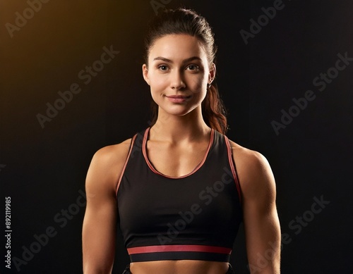 Attractive fit thin slim toned female body athlete isolated on black standing confidently pose powerful woman. A powerful portrait of a physically strong woman. An intense champion fighter and gif