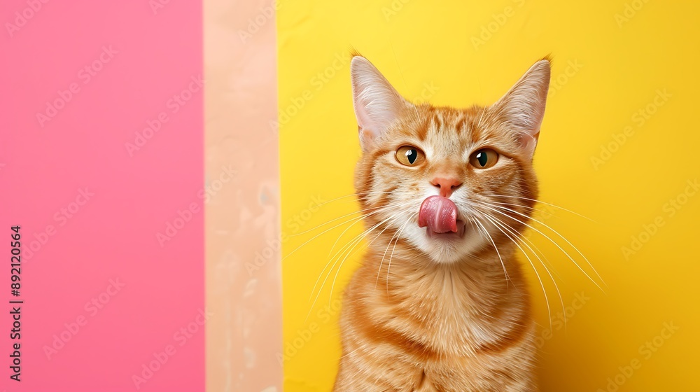 An orange tabby cat with her tongue out isolated on colorful background An orange tabby cat with her tongue out isolated on colorful background