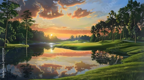 Beautiful painting of a golf course at sunset. Perfect for sports and nature themed designs.  photo