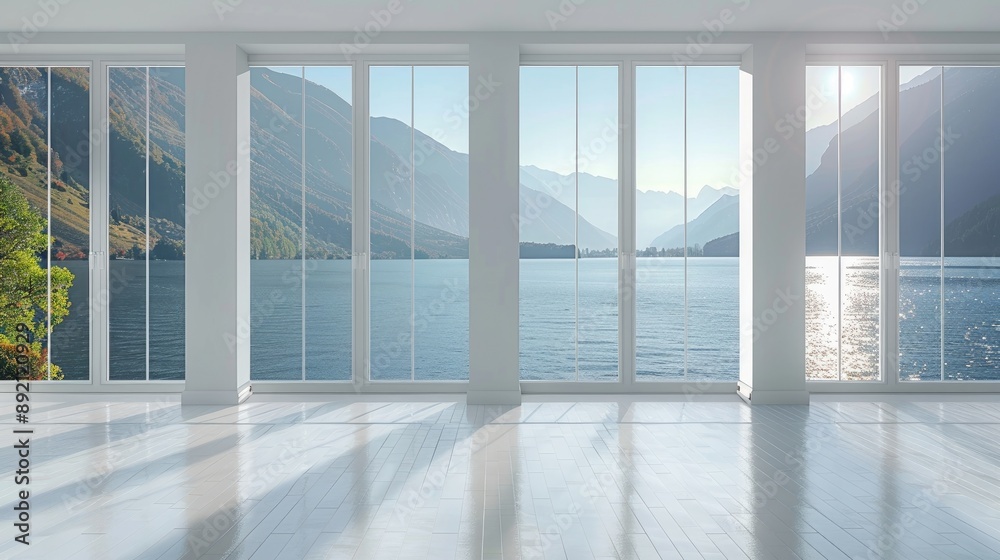 Fototapeta premium Empty white room with big lake view windows