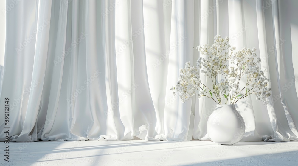 Concept of modern lifestyle with vase of flowers by white curtain Concept of modern lifestyle with vase of flowers by white curtain