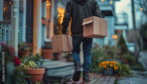 A person carrying boxes on a charming street, illuminated by soft lights, showcasing the spirit of delivery and neighborhood life.