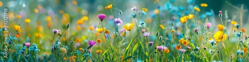 Obraz  z motywem A tranquil meadow awash with wildflowers, each bloom a burst of color against a backdrop of lush greenery