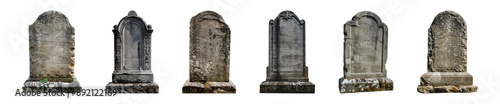 Collection of tombstones or gravestones isolated on a transparent background, cut out, PNG