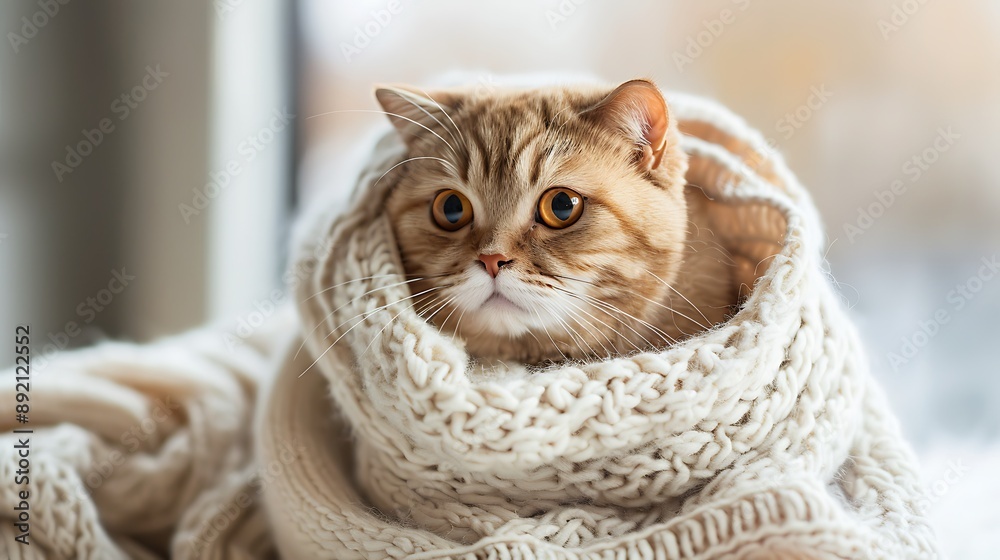 beautiful cute scottish fold cat sits wrapped in a white knitted scarf and anxiously looking to the side beautiful cute scottish fold cat sits wrapped in a white knitted scarf and anxiously looking to the side