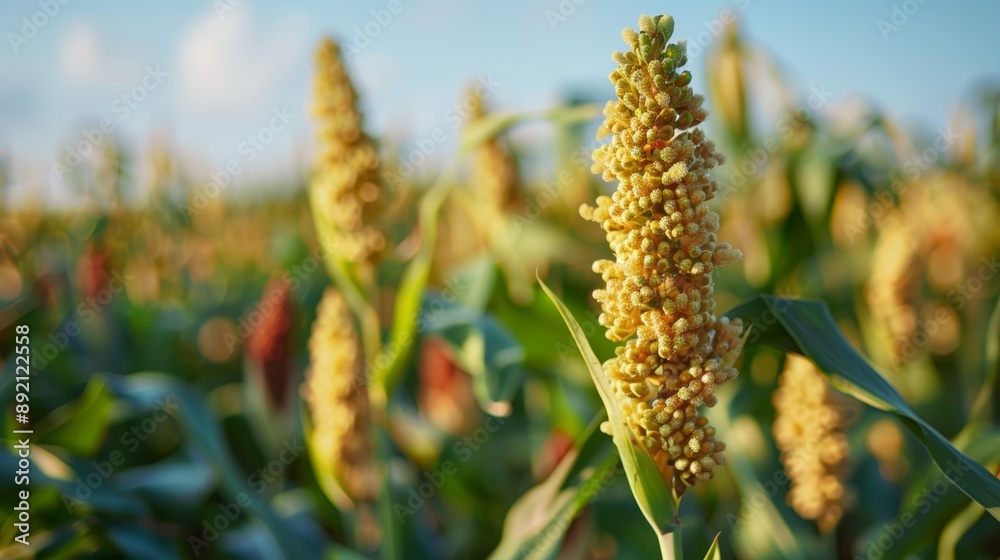 Close-up of a Single Sorghum Plant in a Field, Lush Green Leaves and Golden Grain, Sunlight, Agriculture, Sorghum, Grain, Field Close-up of a Single Sorghum Plant in a Field, Lush Green Leaves and Golden Grain, Sunlight, Agriculture, Sorghum, Grain, Field