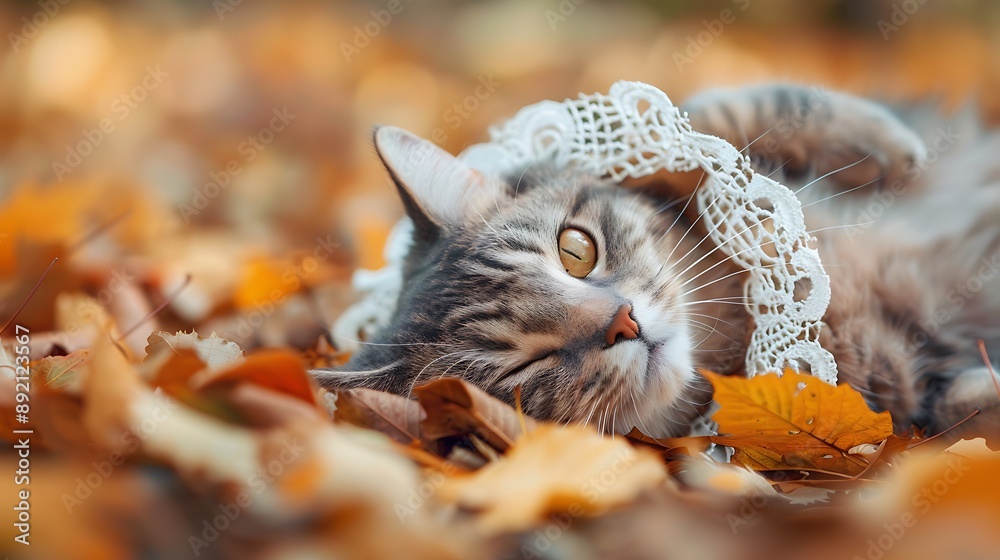 Beautiful shorthair cat with lace necklet lying on autumn ground Beautiful shorthair cat with lace necklet lying on autumn ground