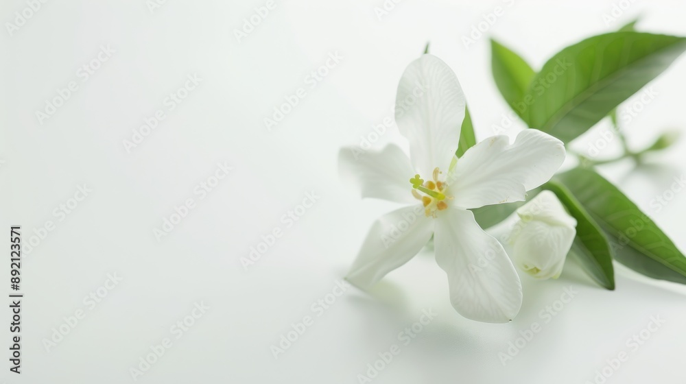 Delicate White Flower with Green Leaves on a White Background, flower, blossom, natural, beauty Delicate White Flower with Green Leaves on a White Background, flower, blossom, natural, beauty