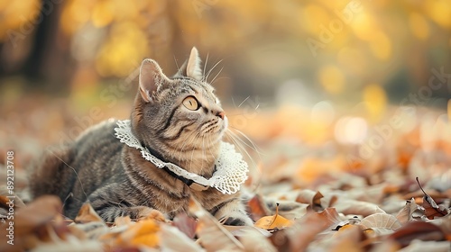 Beautiful shorthair cat with lace necklet lying on autumn ground