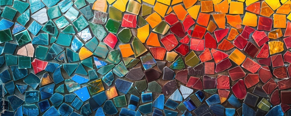 Mosaic tile wall texture with colorful geometric patterns and glossy finish, copy space, perfect for artistic and decorative design themes. Mosaic tile wall texture with colorful geometric patterns and glossy finish, copy space, perfect for artistic and decorative design themes.