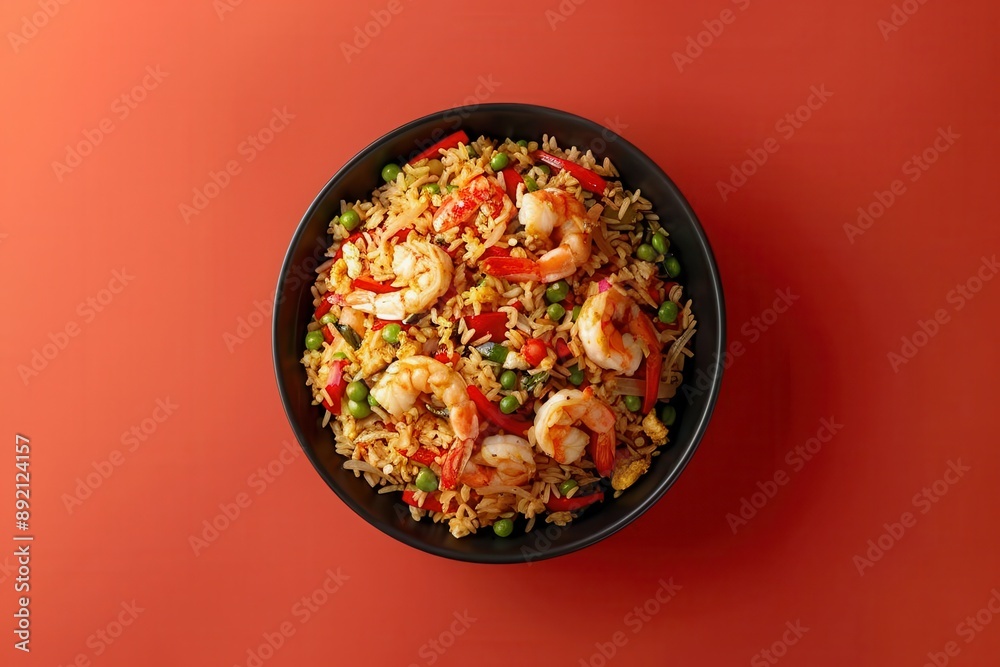 A plate of shrimp and vegetables with rice A plate of shrimp and vegetables with rice