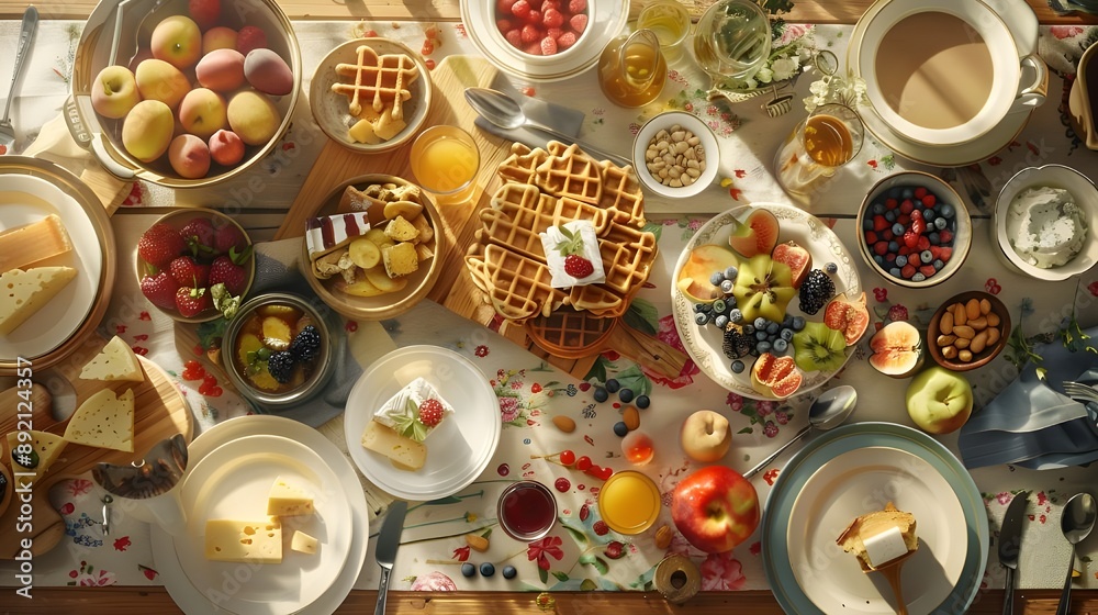 breakfast table full of various dishes. Belgian waffles, jam, nuts, fresh juice, sliced fruits, cheese platter, and a pot of hot coffee on breakfast table. breakfast table full of various dishes. Belgian waffles, jam, nuts, fresh juice, sliced fruits, cheese platter, and a pot of hot coffee on breakfast table.