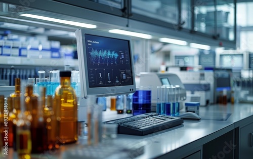 Wallpaper Mural Trial Analyzer Illustrate a modern biological research lab using the Trial Analyzer, focusing on its precise data analysis and intuitive interface Torontodigital.ca