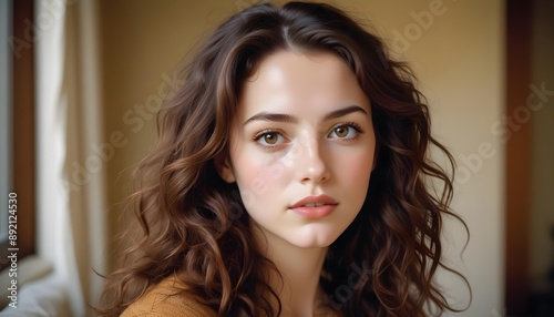 High-resolution, close-up portrait of a young woman with striking facial features.