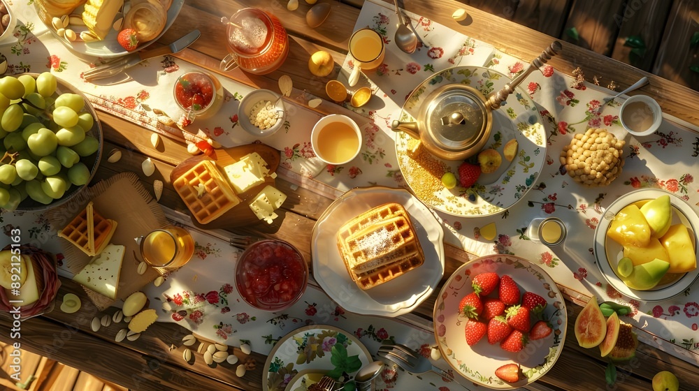 breakfast table full of various dishes. Belgian waffles, jam, nuts, fresh juice, sliced fruits, cheese platter, and a pot of hot coffee on breakfast table. breakfast table full of various dishes. Belgian waffles, jam, nuts, fresh juice, sliced fruits, cheese platter, and a pot of hot coffee on breakfast table.