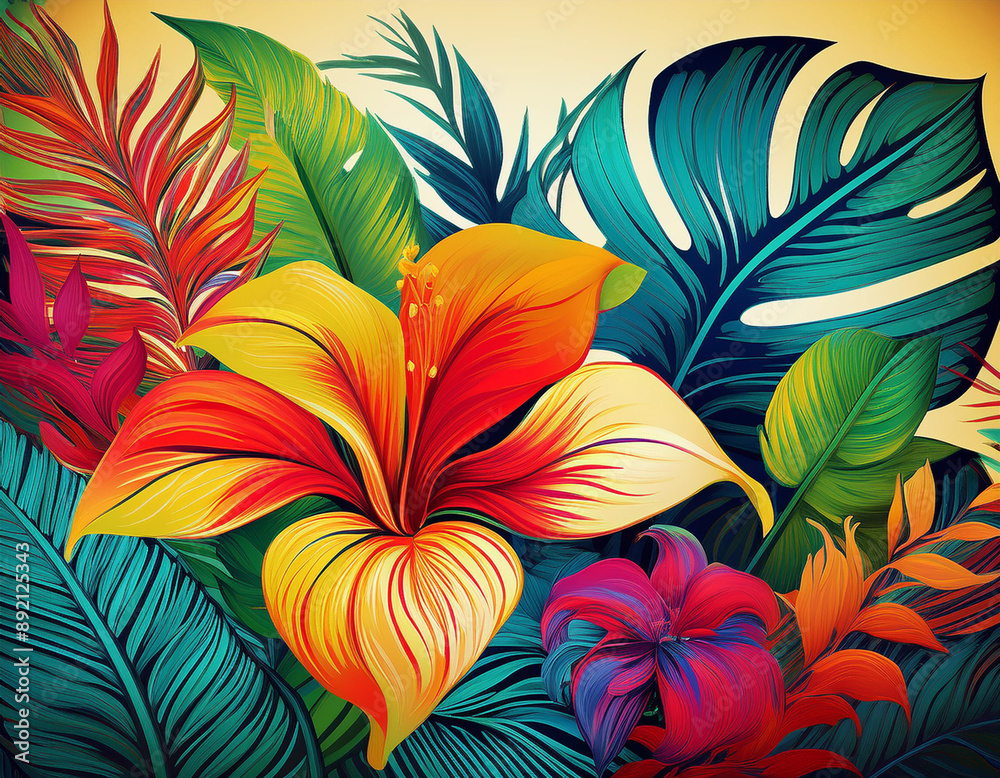 Colorful Tropical Plants and Flowers with Bold Lines and Bright Colors Colorful Tropical Plants and Flowers with Bold Lines and Bright Colors