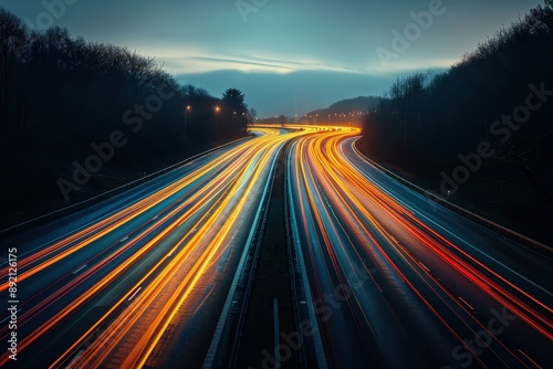 Showcases the dynamic movement of traffic on a highway at night through long exposure photography.