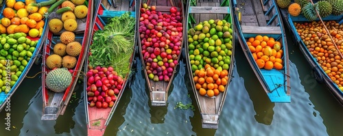 Vibrant floating market with colorful boats selling fresh fruits and vegetables, lively atmosphere, copy space, ideal for cultural and travel content.