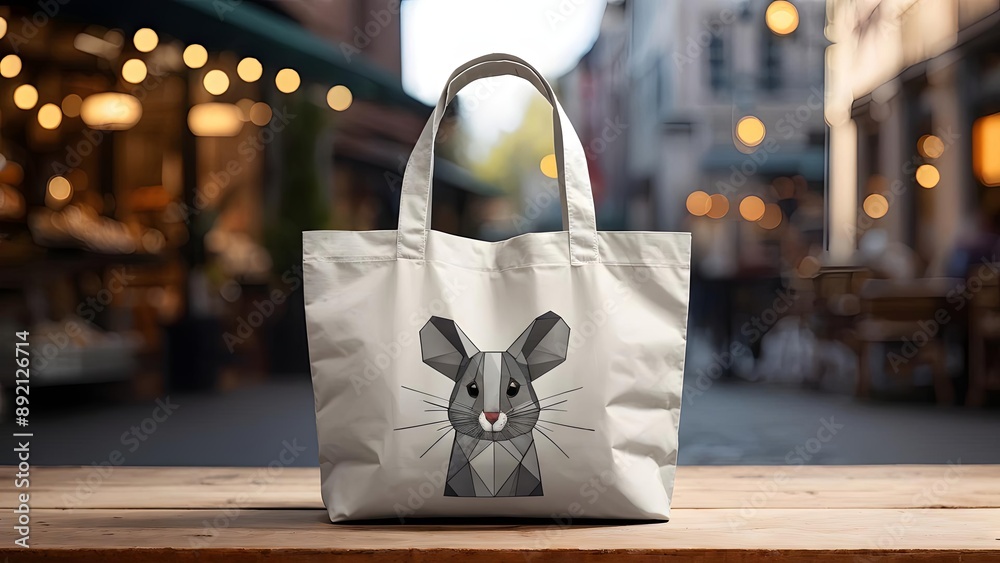 Beige tote bag with geometric mouse design, street market background, eco-friendly shopping. Generative AI Beige tote bag with geometric mouse design, street market background, eco-friendly shopping. Generative AI