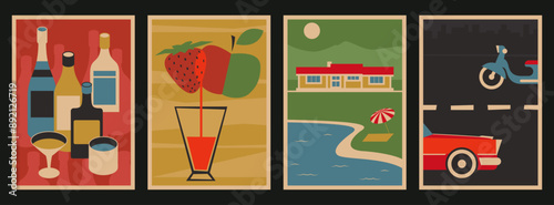 Mid Century Modern Commercial Posters Style Illustrations, 1950s - 1960s Shapes and Colors. Bottles and Glasses, Fresh Fruits, Lake House, Car and Scooter