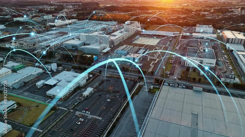 Composited image of drone aerial view of modern industrial area and communication network concept.