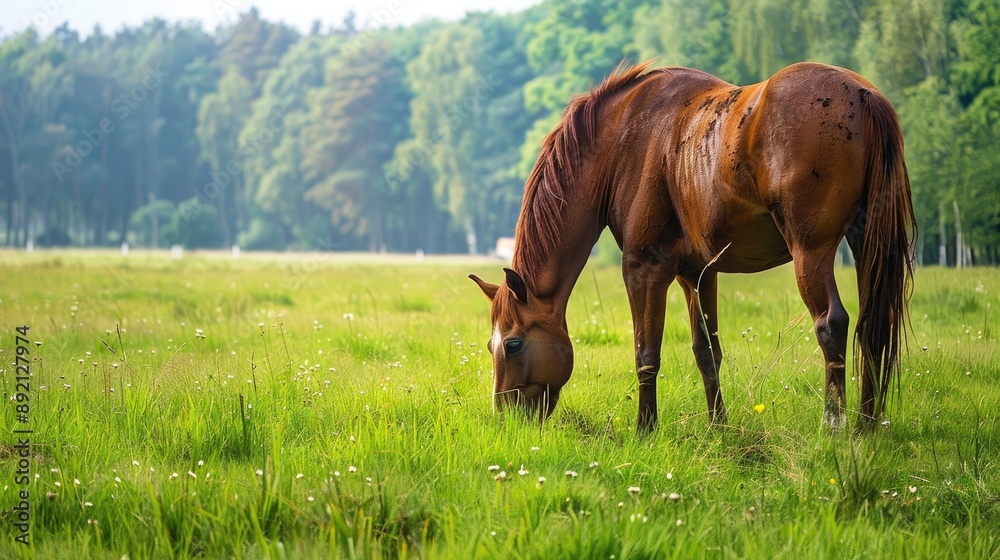 Gorgeous brown horse feeding in field Gorgeous brown horse feeding in field