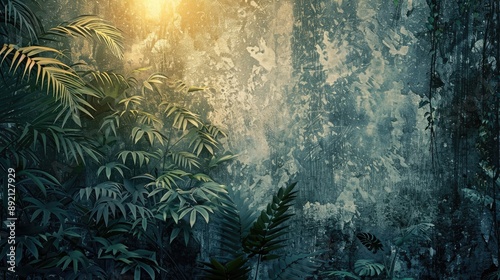 Beautiful art drawing of a tropical jungle with light peeking through, set against a textured background for photo wallpaper