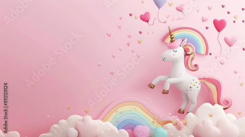A whimsical illustration of a unicorn with a rainbow and hearts, set against a pink background, evoking fantasy and magic.