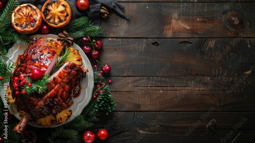 Christmas Ham on a Wooden Table Christmas Ham on a Wooden Table