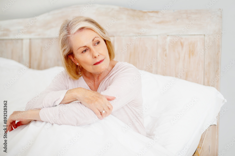 Senior woman, tired and thinking in bed with mental health, unhappy retirement and insomnia in home. Elderly female person, sad thought and fatigue for burnout, stress and frustrated for sleep crisis Senior woman, tired and thinking in bed with mental health, unhappy retirement and insomnia in home. Elderly female person, sad thought and fatigue for burnout, stress and frustrated for sleep crisis